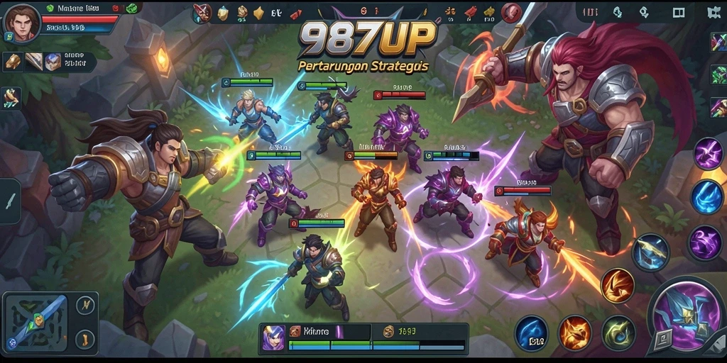 Screenshot gameplay 987UP menampilkan pertarungan yang intens dan strategi tim.