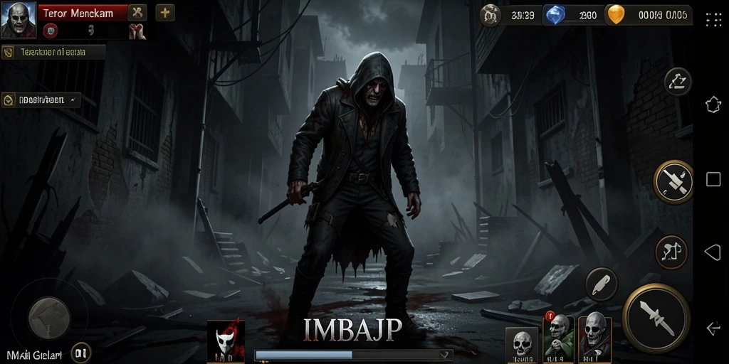 Screenshot gameplay IMBAJP yang mencekam dengan suasana kelam.