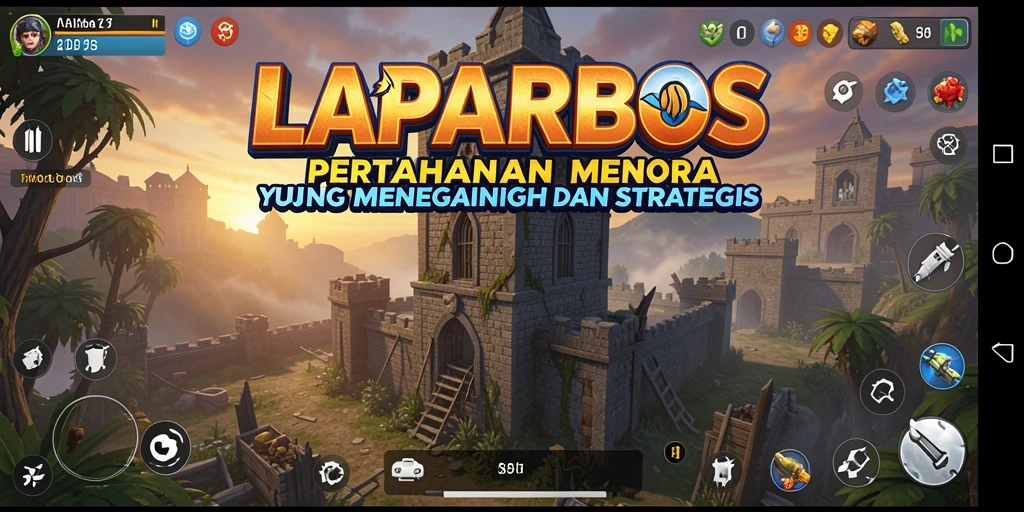 Screenshot gameplay LAPARBOS menampilkan menara strategis melawan gelombang musuh.