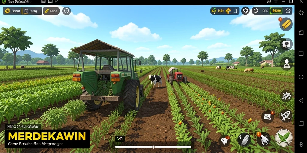 Screenshot utama MERDEKAWIN menampilkan gameplay seru bertani dan berkebun.