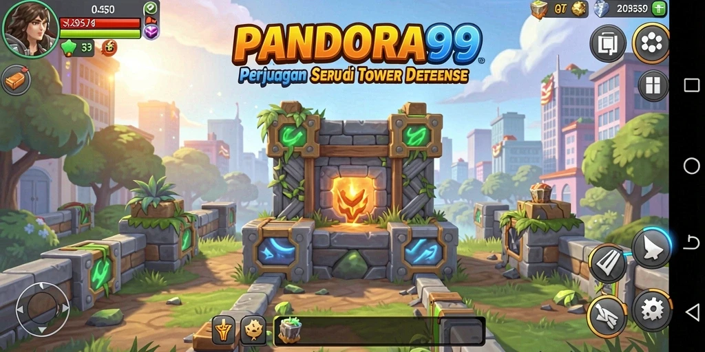 Tangkapan layar gameplay PANDORA99 menampilkan pertarungan Tower Defense yang menegangkan.