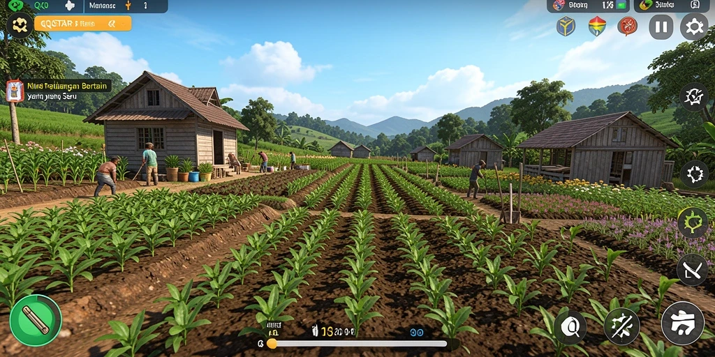 Tampilan gameplay menarik di QQSTAR dengan ladang yang luas dan hewan ternak.