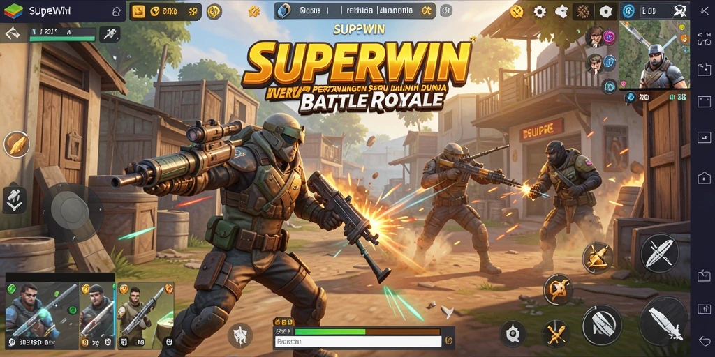 Tangkapan layar gameplay SUPERWIN yang menampilkan aksi seru dalam pertempuran Battle Royale.