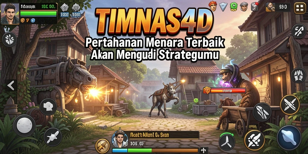 Screenshot gameplay TIMNAS4D menampilkan aksi menara pertahanan yang intens.